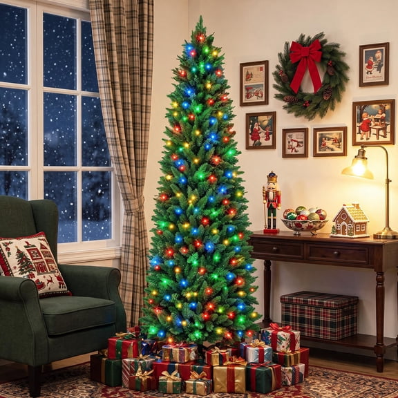 edx 4.5ft Pre-lit Pencil Christmas Tree, Green Artificial Spruce Slim Christmas Trees, With 120 Multicolor LED Lights, 268 Branch Tips & Foldable Base, For Home, Office, Party Decoration