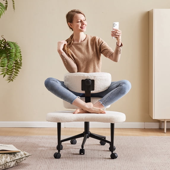 edx Ergonomic Cross Legged Swivel Chair with Back Support, Adjustable Height Meditation Chair, 360° Rotating Footrest, Rolling Office Floor Chair, White
