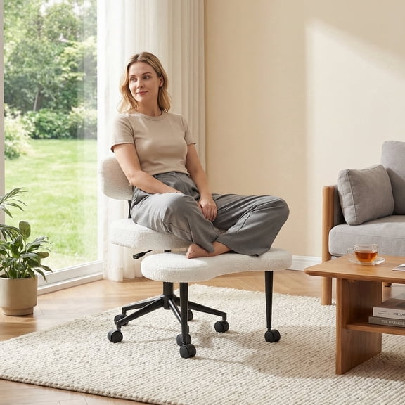 EDX Ergonomic Cross Legged Swivel Chair, Adjustable Height Meditation Chair with Back Support & 360° Rotating Footrest, Rolling Floor Chair for Home Office Focus Seating, White