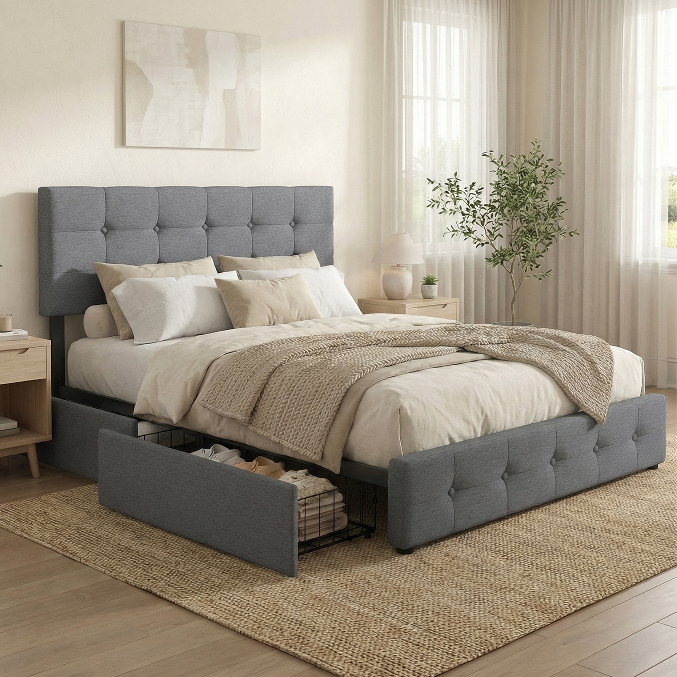 edx Queen Bed Frame with 4 Drawers & Velvet Upholstered Headboard, Platform Bed with Storage & Solid Wood Support, No Box Spring, Gray