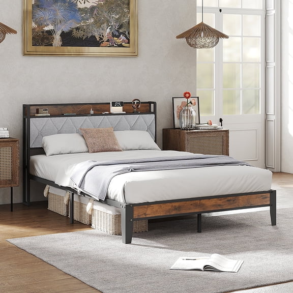 EDX Queen Bed Frame with Headboard Integrated Charging Station, Spacious Underbed Storage, Simple No-Tool Assembly, No Box Spring Required