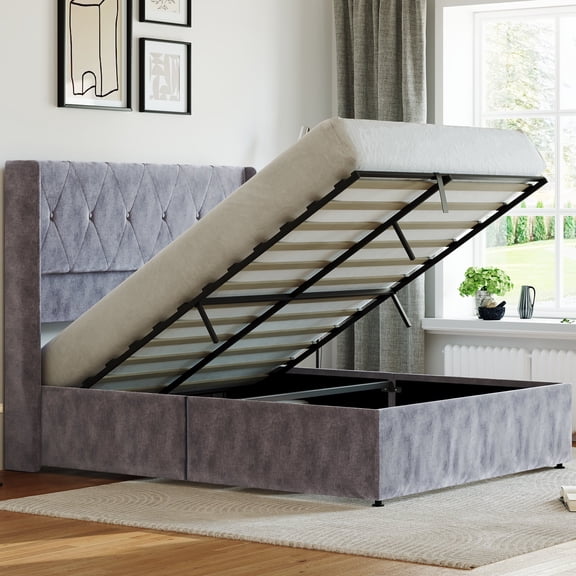 EDX Queen Size Bed Frame, Lift Up Storage Bed with Modern Wingback Headboard & Hydraulic Support, No Box Spring Needed,Gray&Blue
