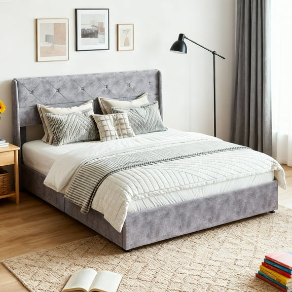 EDX Queen Size Bed Frame, Lift Up Storage Bed with Modern Wingback Headboard & Hydraulic Support, No Box Spring Needed,Gray&Blue