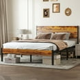thumbnail image 1 of EDX Queen Size Metal Bed Frame with Industrial Wooden Headboard, Ample Storage, Noise-Free Design, Sturdy Steel Slat Support, Rustic Brown, 1 of 8