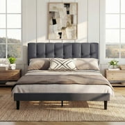 EDX Queen Size Platform Bed Frame, Fully Upholstered Mattress Foundationwith Fabric Upholstered Headboard and Wooden Slats Support, No Box Spring Needed, Grey