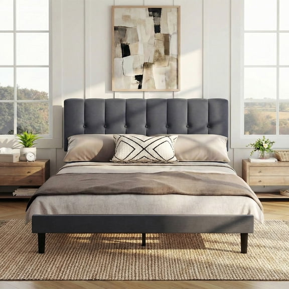 EDX Queen Size Platform Bed Frame, Fully Upholstered Mattress Foundationwith Fabric Upholstered Headboard and Wooden Slats Support, No Box Spring Needed, Grey