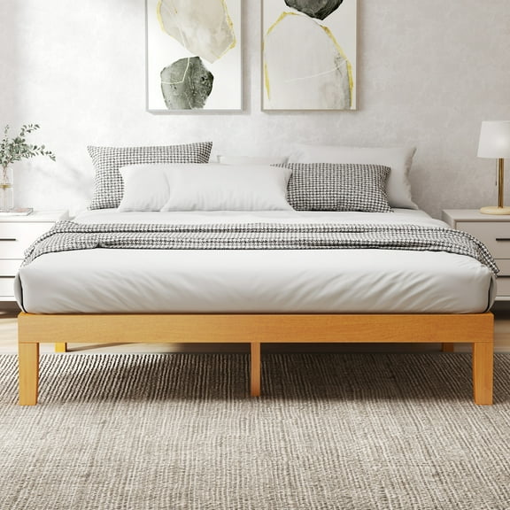 EDX Queen Size Wood Bed Frame, No Spring Needed, 12in Wooden Platform Bed Frame Mattress Foundation with Support Slats, Natural Pine