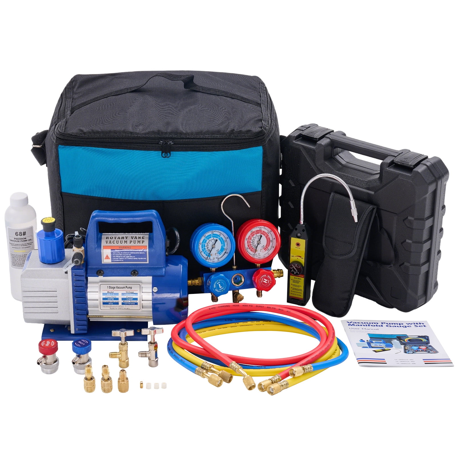 EDX 1/3 HP 4CFM R134A AC Manifold Gauge Set Aluminum Valve with 3 Set High/Low Pressure Quick Couplers for HVAC Vacuum Pump, Blue