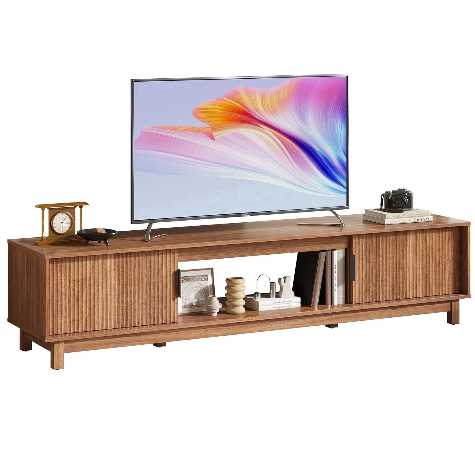 EDX Rattan TV Stand for 70" TV , Media Console Table with Storage with Cabinets and Shelves&nbsp;for Living Room, Brown