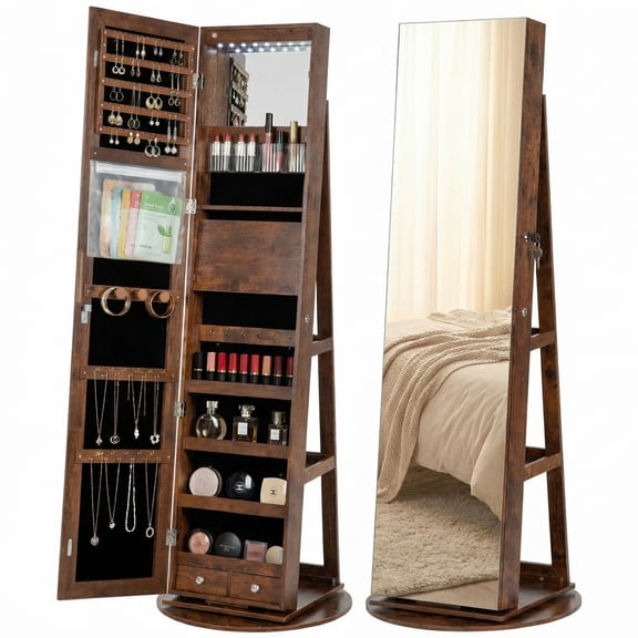 edx Freestanding Rotating Jewelry Cabinet with Full-Length Mirror, Lockable Jewelry Armoire with Foldable Makeup Shelf & Lights, Jewelry Organizer with Storage, Brown