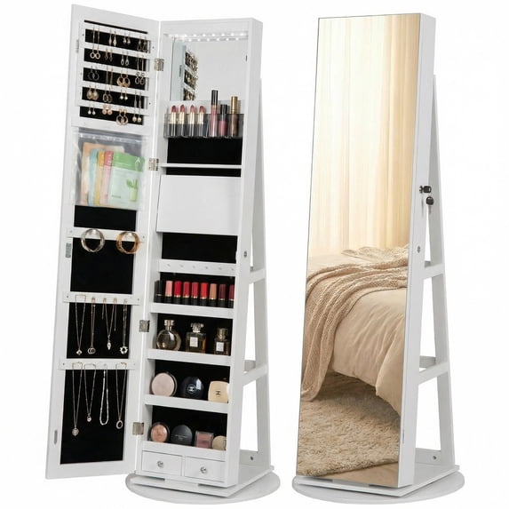 edx Freestanding Rotating Jewelry Cabinet with Full-Length Mirror, Lockable Jewelry Armoire with Foldable Makeup Shelf & Lights, Jewelry Organizer with Storage, White
