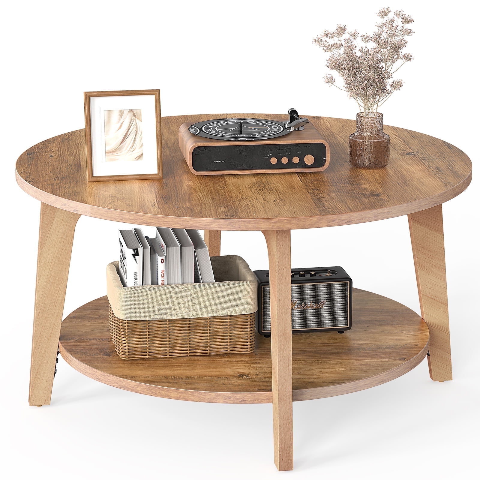 EDX Round Coffee Table, 2 Tier Coffee Table with Storage, for Living Room，Honey Brown