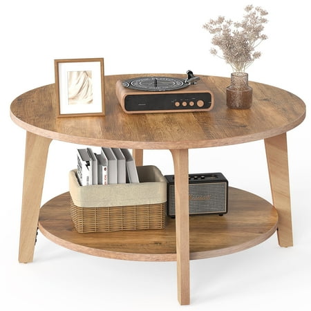 EDX Round Coffee Table, 2 Tier Coffee Table with Storage, for Living Room,Honey Brown