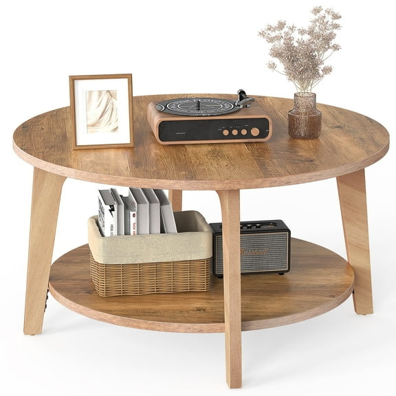 EDX Round Coffee Table, 2 Tier Coffee Table with Storage, for Living RoomHoney Brown