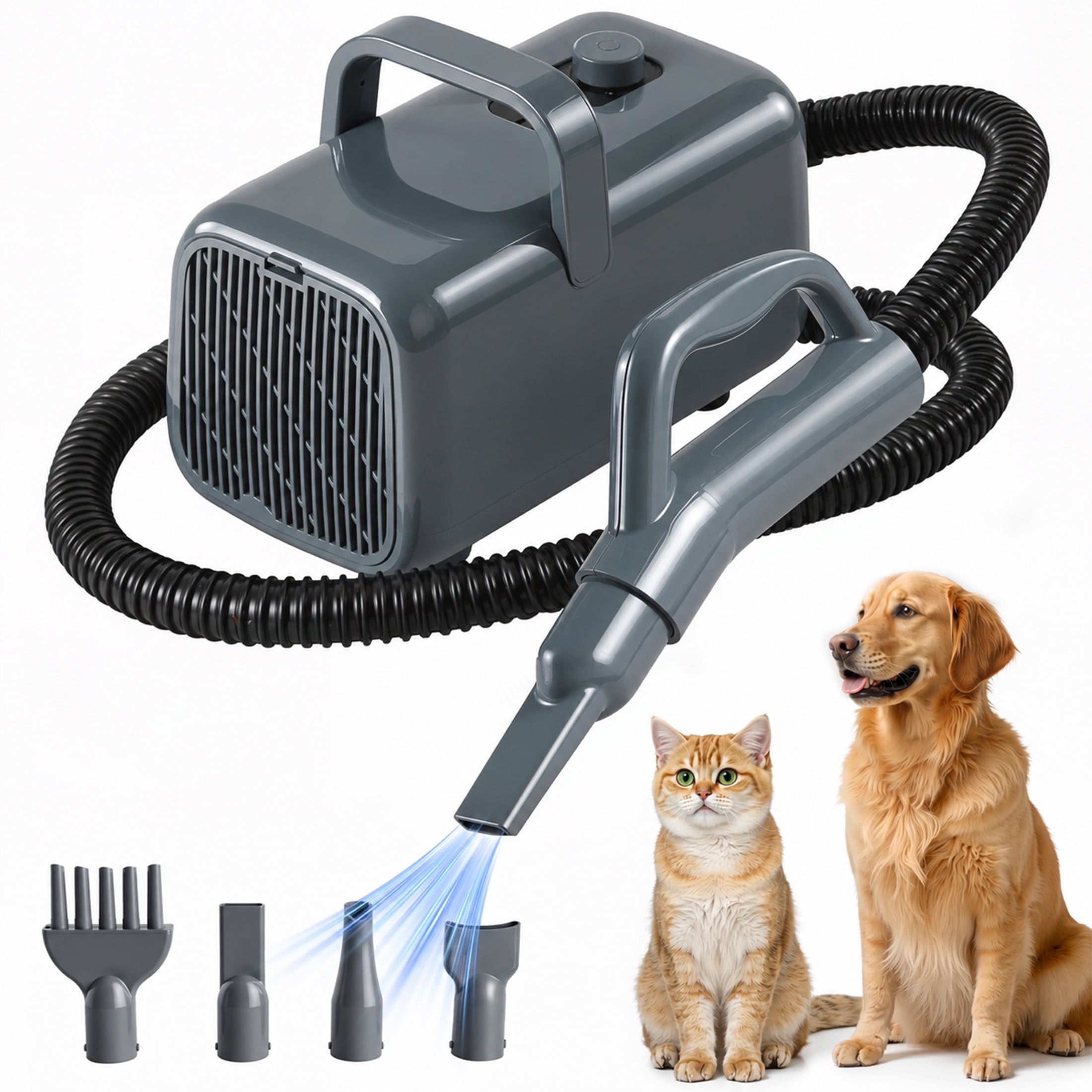 EDX Dog Blower Pet Hair Dryer with Adjustable Wind Speed & Heater Temperature, High Velocity Large Dog Hair Grooming Blower, 4 Nozzles, 6.5ft Cord for Dog Hair Force Blower, Gray