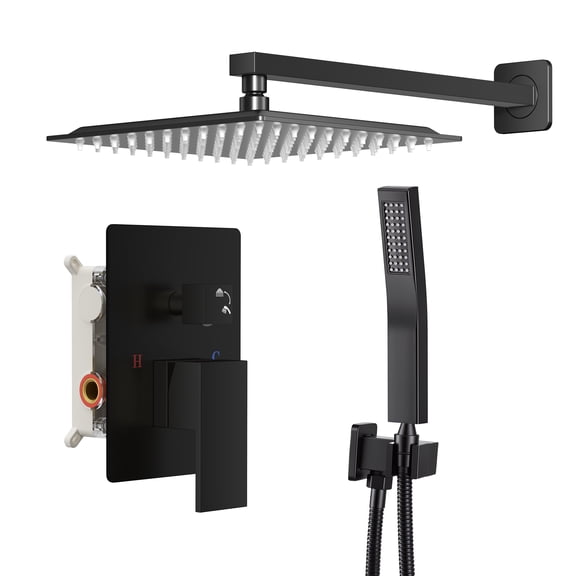 EDX Shower Faucet Set, 10 Inch Square Rainfall Shower Head and Handle Set, Wall Mounted, Pressure Balance Valve, Matte Black