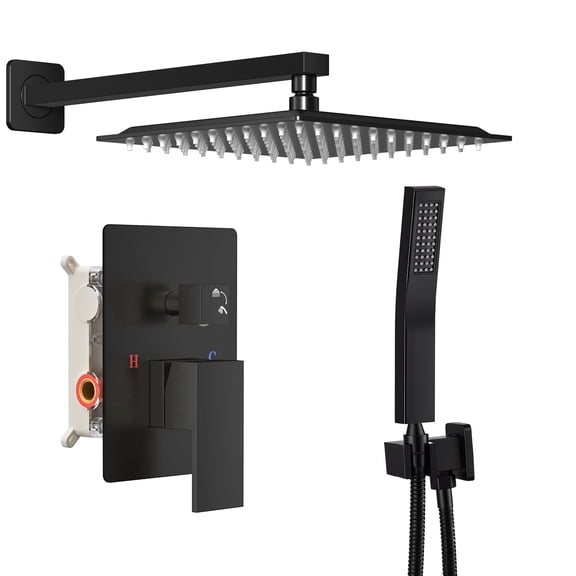 EDX Shower Faucet Set, 10 Inch Square Rainfall Shower Head and Handle Set, Wall Mounted, Pressure Balance Valve, Matte Black