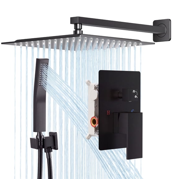 EDX Shower Faucet Set, 12 Inch Square Rainfall Shower Head and Handle Set, Wall Mounted, Pressure Balance Valve, Matte Black