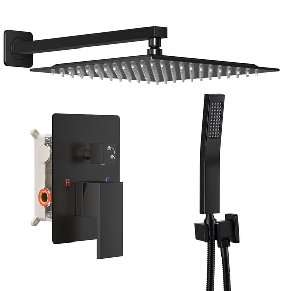 EDX Shower Faucet Set, 12 Inch Square Rainfall Shower Head and Handle Set, Wall Mounted, Pressure Balance Valve, Matte Black
