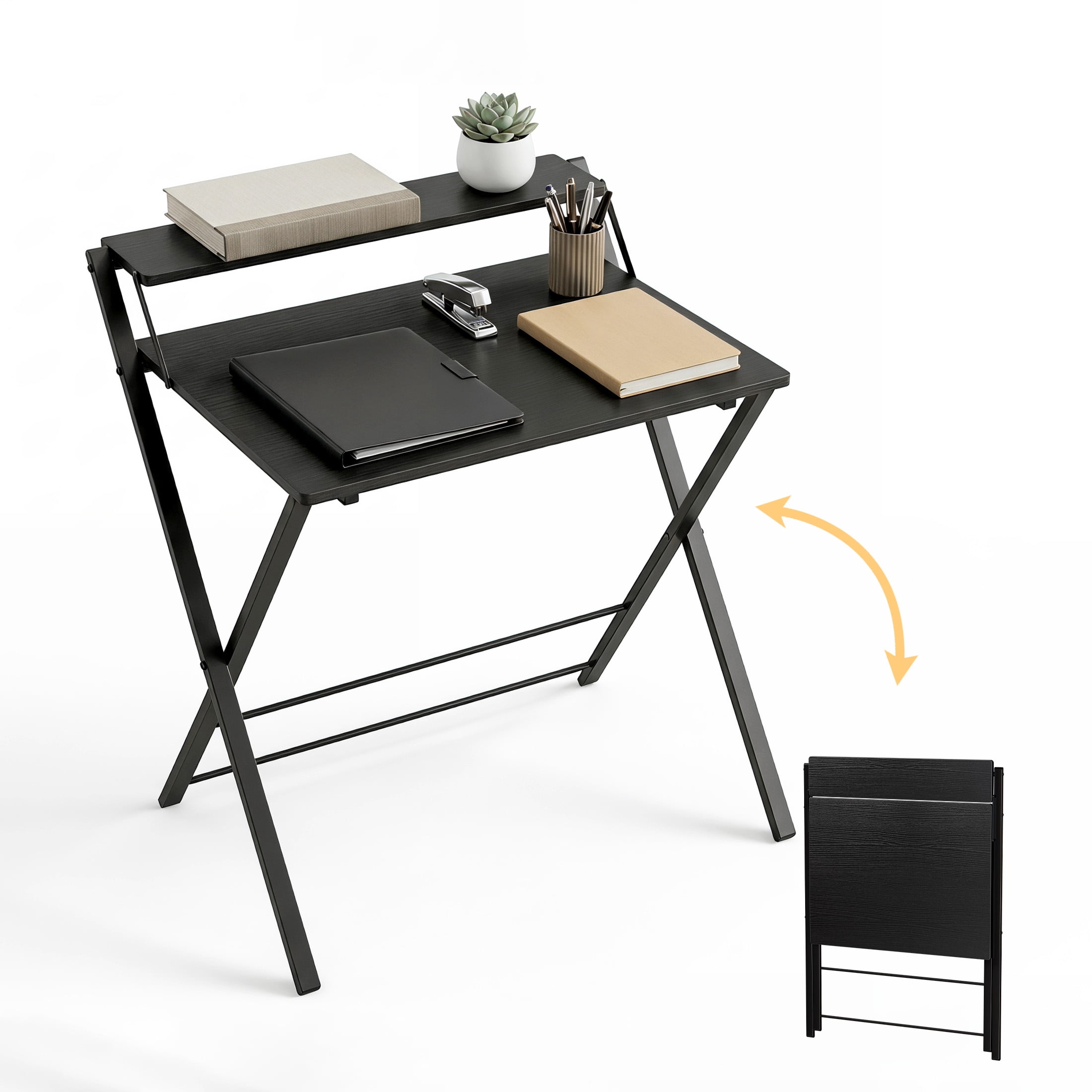 EDX Small Folding Desk with Shelf, No Assembly 2-Tier Compact Computer Table, Portable Study Workspace for Bedroom, Home Office, Black