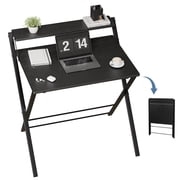 EDX Small Folding Desk with Shelf, No Assembly 2-Tier Compact Computer Table, Portable Study Workspace for Bedroom, Home Office, Black