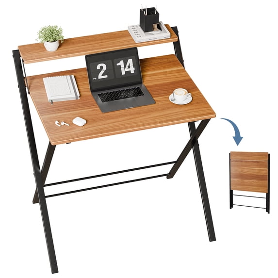 EDX Small Folding Desk with Shelf, No Assembly 2-Tier Compact Computer Table, Portable Study Workspace for Bedroom, Home Office, Brown