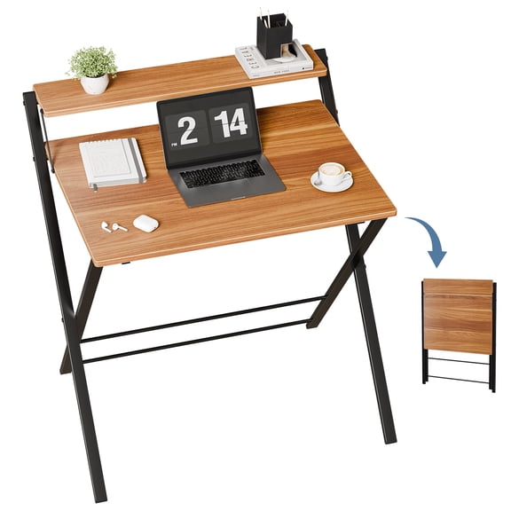 EDX Small Folding Desk with Shelf, No Assembly 2-Tier Compact Computer Table, Portable Study Workspace for Bedroom, Home Office, Brown