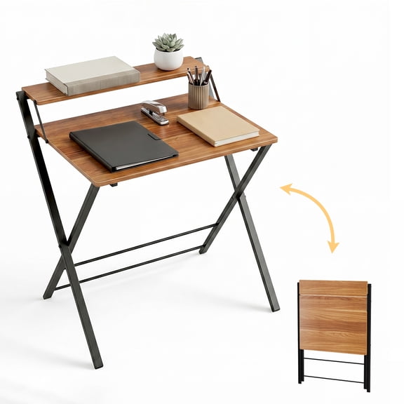EDX Small Folding Desk with Shelf, No Assembly 2-Tier Compact Computer Table, Portable Study Workspace for Bedroom, Home Office, Brown