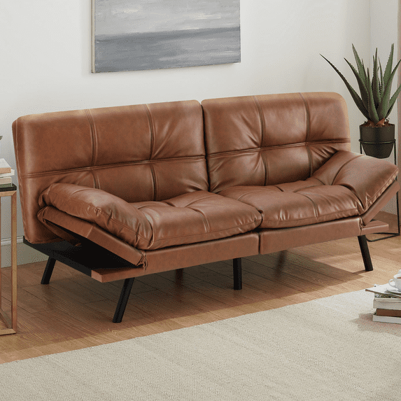 EDX Sofa Bed Couch, Loveseat Sleeper Futon for Living Room, Foldable Memory Foam Furniture, Convertible Full Size Sofa, Adjustable Backrest and Armrests,Linen, Brown