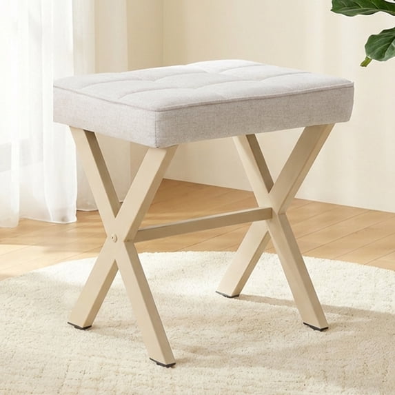 EDX Square Linen Makeup Stool, Metal X Legs, Small Ottoman Stool Chair for Vanity, Modern Padded Seat Foot Rest for Makeup Room, Bathroom, Beige