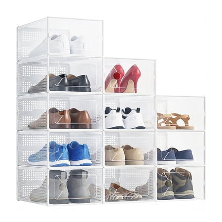 EDX 12-Pack Stackable Clear Shoe Box Organizer, Plastic Storage Bins for Closet Hallway & Bedroom, Ventilated & Stackable Shoe Storage Container Set Holds Shoes up to US Size 9, White