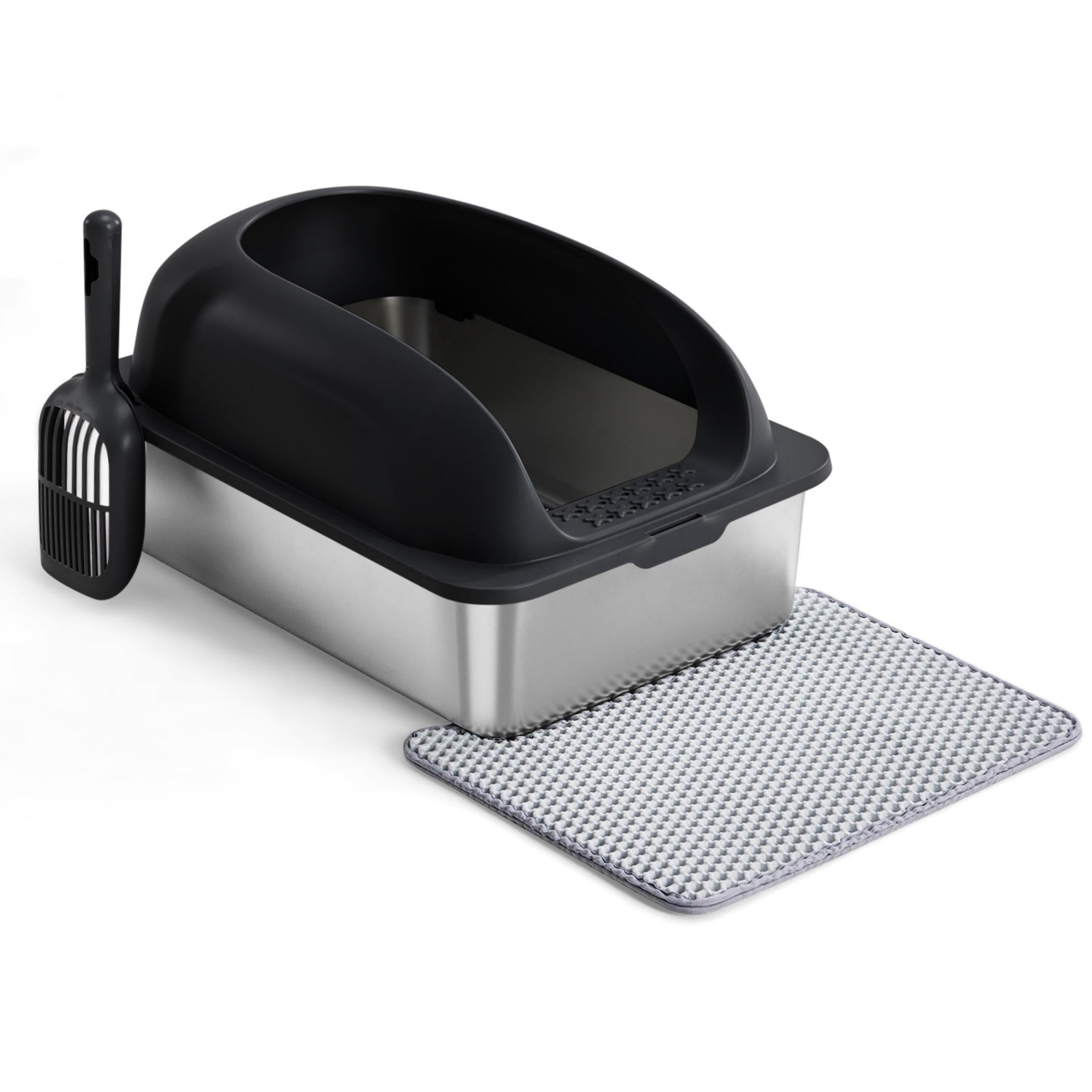 EDX Stainless Steel Cat Litter Box with Lid, XL Extra Large Cat Litter Box for Big Cats, High Wall Sides, Never Absorbs Odors, Anti-Urine Leakage, Easy Cleaning, Scoop and Mat Included, Black