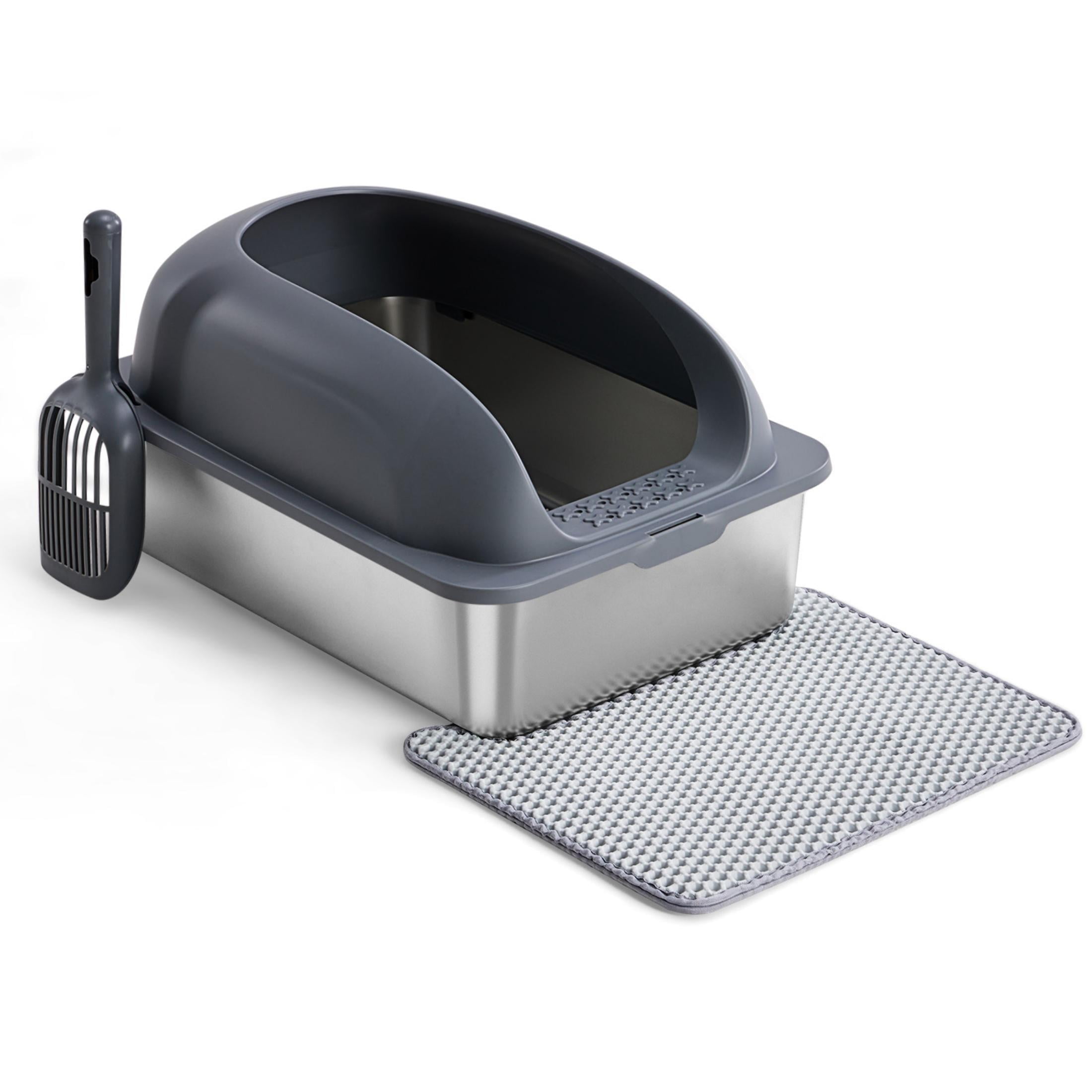 EDX Stainless Steel Cat Litter Box with Lid, XL Extra Large Cat Litter Box for Big Cats, High Wall Sides, Never Absorbs Odors, Anti-Urine Leakage, Easy Cleaning, Scoop and Mat Included, Dark Grey