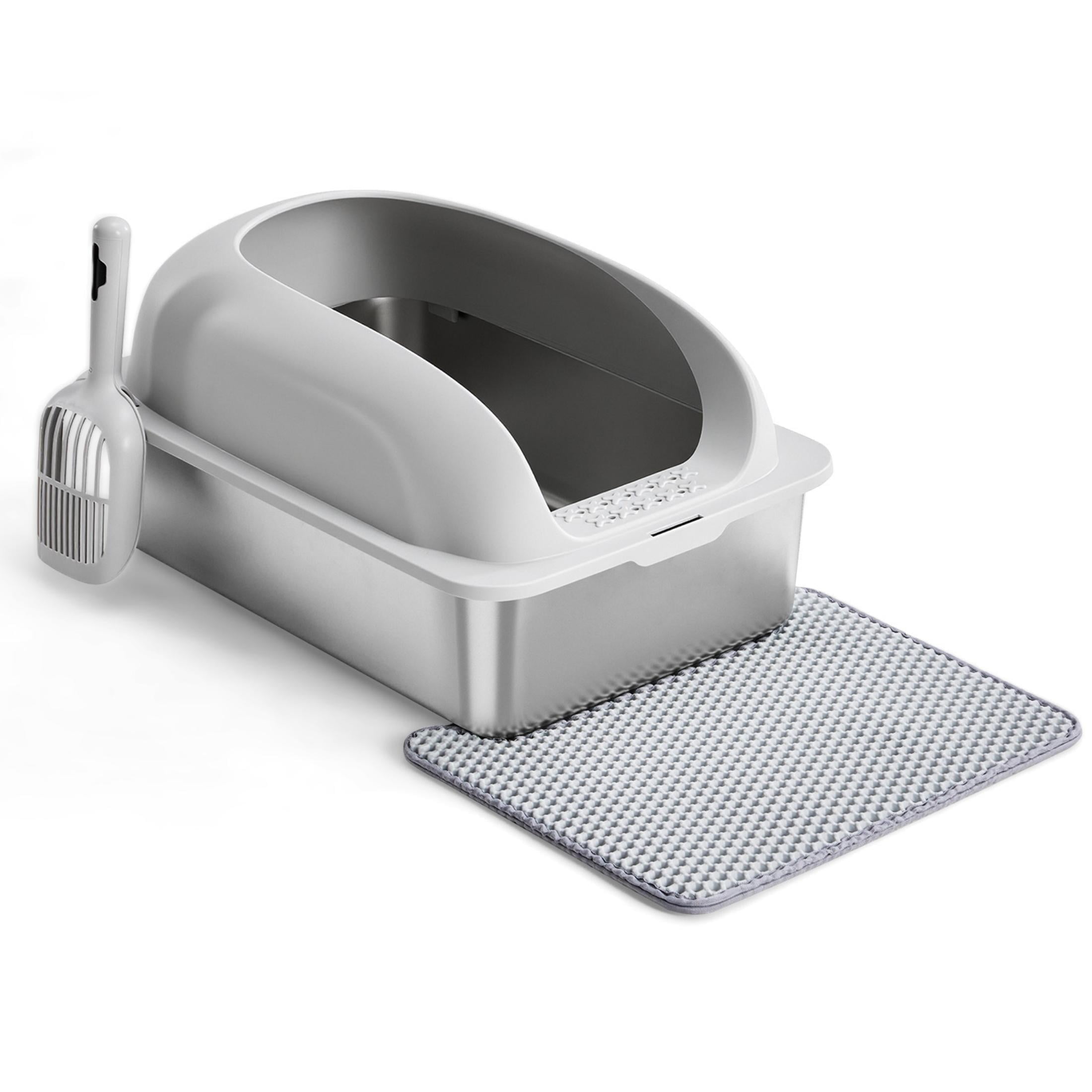 EDX Stainless Steel Cat Litter Box with Lid, XL Extra Large Cat Litter Box for Big Cats, High Wall Sides, Never Absorbs Odors, Anti-Urine Leakage, Easy Cleaning, Scoop and Mat Included, Light Grey