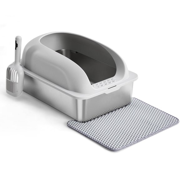 EDX Stainless Steel Cat Litter Box with Lid, XL Extra Large Cat Litter Box for Big Cats, High Wall Sides, Never Absorbs Odors, Anti-Urine Leakage, Easy Cleaning, Scoop and Mat Included, Light Grey