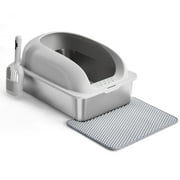 EDX Stainless Steel Cat Litter Box with Lid, XL Extra Large Cat Litter Box for Big Cats, High Wall Sides, Never Absorbs Odors, Anti-Urine Leakage, Easy Cleaning, Scoop and Mat Included, Light Grey