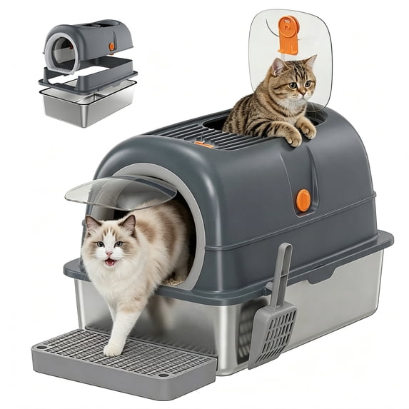 EDX Stainless Steel Litter Box with Lid, All-in-One Enclosed Cat Box, Dual Entry, Odor Control, Scoop & Step Board for Various Cats, XL Litter Pan Gray