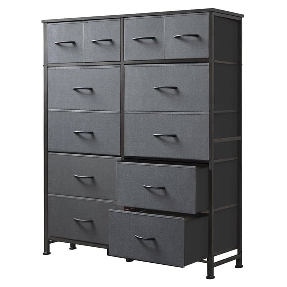 edx Tall Dresser with 12 Drawers, Steel Frame and Wood Top, Storage Organizer for Living Room, Hallway, Office, Gray