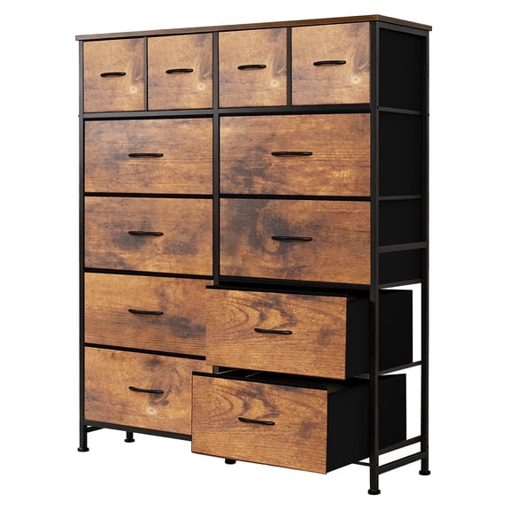 edx Tall Dresser with 12 Drawers, Steel Frame and Wood Top, Storage Organizer for Living Room, Hallway, Office, Rustic Brown