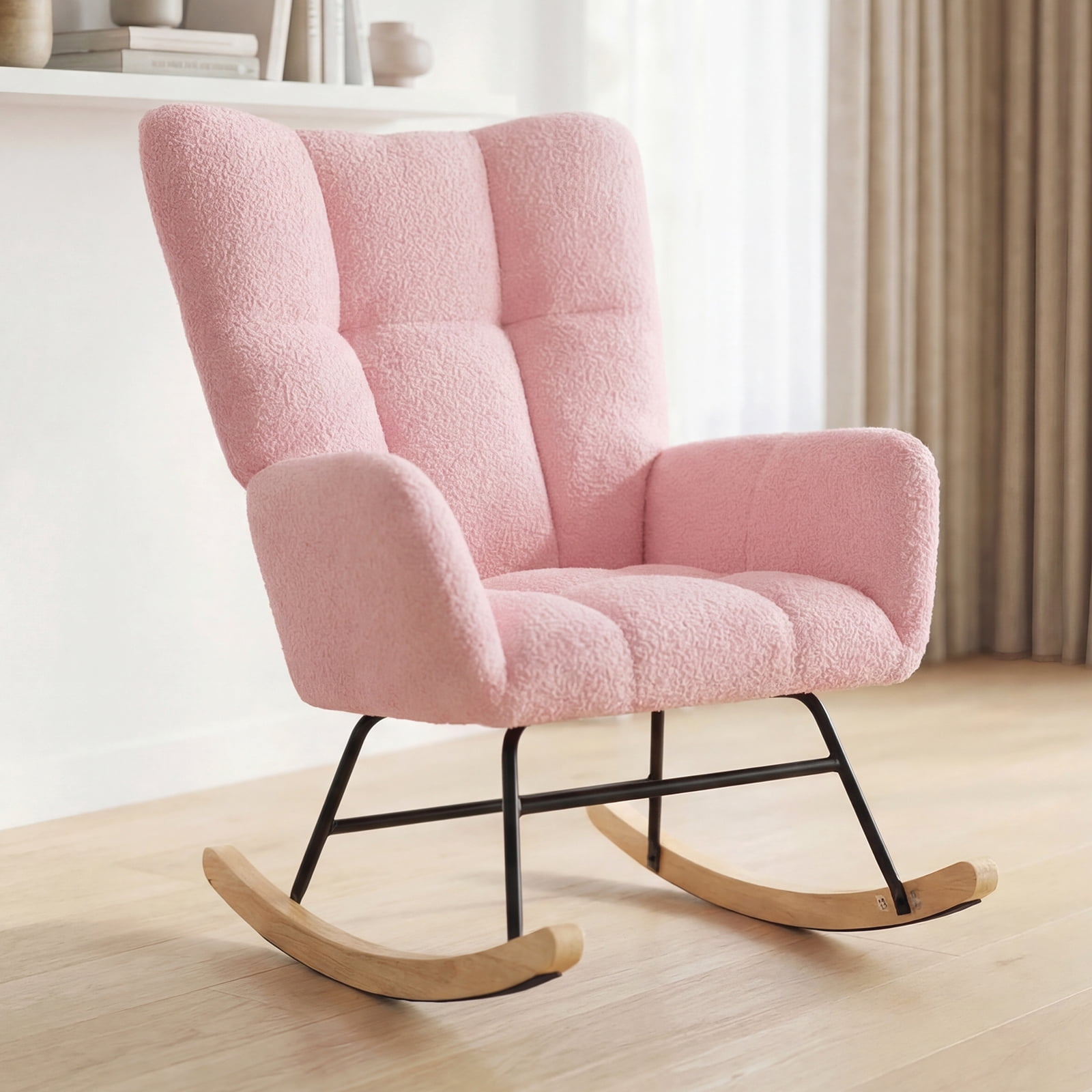 EDX Teddy Upholstered Rocking Accent Chair with Winged Back, Cozy Indoor Glider Seat for Reading, Bedroom, Living Room or Office, Pink