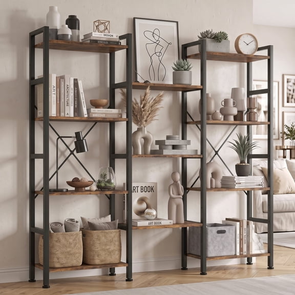 EDX Triple 4 Tier Bookshelf Storage Shelf, Modern Freestanding Bookcase with Metal Frame, Open Display Shelves, Space Saving Storage Organizer, Rustic Brown