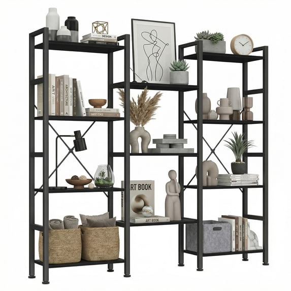EDX Triple 4 Tier Bookshelf Storage Shelf, Modern Freestanding Bookcase with Metal Frame, Open Display Shelves, Space Saving Storage Organizer, Black