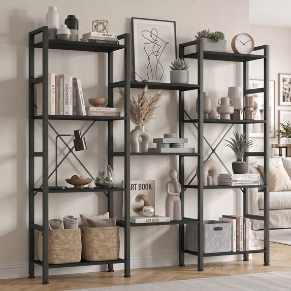 EDX Triple 4 Tier Bookshelf Storage Shelf, Modern Freestanding Bookcase with Metal Frame, Open Display Shelves, Space Saving Storage Organizer, Black