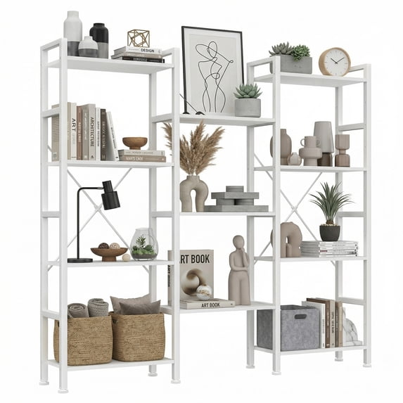 EDX Triple 4 Tier Bookshelf Storage Shelf, Modern Freestanding Bookcase with Metal Frame, Open Display Shelves, Space Saving Storage Organizer, White