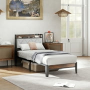 EDX Twin Bed Frame with Headboard Integrated Charging Station, Spacious Underbed Storage, Simple No-Tool Assembly, No Box Spring Required