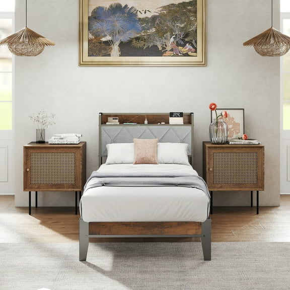 EDX Twin Bed Frame with Headboard Integrated Charging Station, Spacious Underbed Storage,Simple No-Tool Assembly, No Box Spring Required