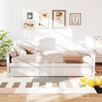 edx Twin Daybed with Trundle, Solid Wood Day Bed with Slats Support, Integrated Headboard & Armrests, Modern Trundle Bed for Living Room, Bedroom, Guest Room, No Box Spring Needed, White