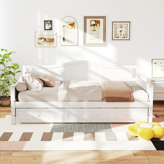 edx Twin Daybed with Trundle, Solid Wood Day Bed with Slats Support, Integrated Headboard & Armrests, Modern Trundle Bed for Living Room, Bedroom, Guest Room, No Box Spring Needed, White
