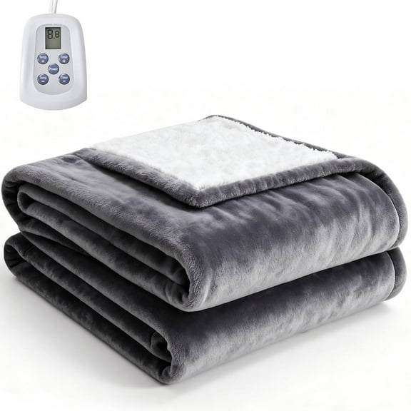 EDX Electric Heated Blanket Full 77"x84", Flannel & Sherpa, 10 Heat Settings, 12H Timer, Auto Shut-Off, Grey