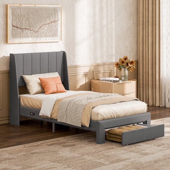 EDX Twin Bed Frame with Linen Tufted Upholstered Headboard, Underbed Storage Drawer, Charging Station, Gray